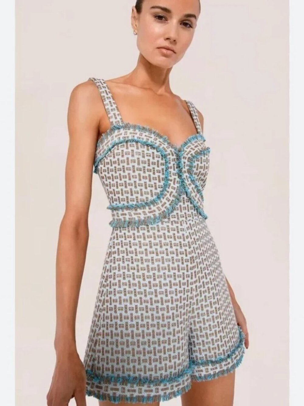 ALEXIS Blaine Romper French Tweed Fringe Sweetheart Neck Shorts Blue Bronze  MED